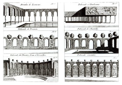Progetti di palizzate, da Theory and Practice of Gardening, di Antoine-Joseph Dezallier D