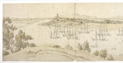 Panorama (metà sinistra) di Whampoa da Dane Island, con navi britanniche e americane all