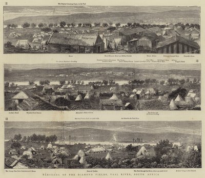 Panorama dei Campi di Diamanti, Fiume Vaal, Sudafrica (incisione) da English School
