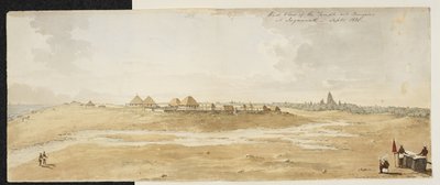 Panorama del Grande Tempio di Jagannath, Puri (Orissa), visto da ovest, con bungalow europei in primo piano sulla riva del mare, settembre 1820 da English School