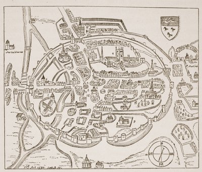 Veduta panoramica di Canterbury nel XVI secolo, illustrazione da The Church of England: A History for the People di H.D.M. Spence-Jones da English School