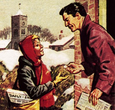 Ragazzo dei giornali che riceve la sua scatola di Natale da English School