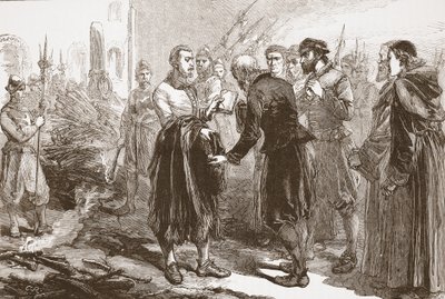 Separazione di Patrick Hamilton dai suoi amici al rogo, illustrazione da The History of Protestantism di James Aitken Wylie, pub. 1878 da English School