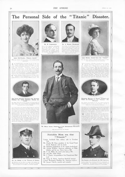 Passeggeri del RMS Titanic, fotografie e informazioni su persone note collegate al Titanic, da The Sphere, 27 aprile 1912 da English School