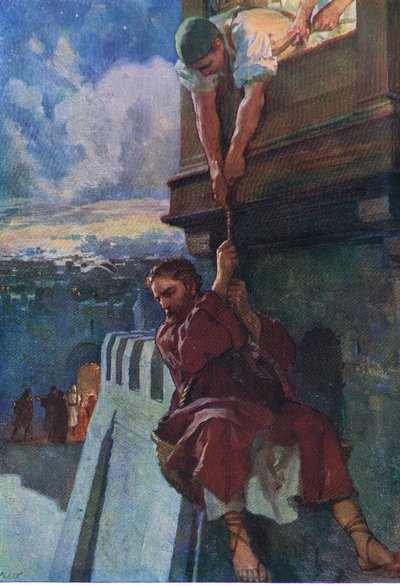 La fuga di Paolo da Damasco, da The Bible Picture Book pubblicato da Thomas Nelson, c.1950 da English School