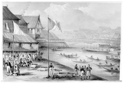 Pax Britannica arriva in un villaggio del Borneo, frontespizio del Volume 2 Narrazione degli eventi nel Borneo e nelle Celebes, fino all
