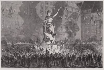 Celebrazioni della pace davanti alla statua della Germania nella piazza del mercato di Lipsia, Germania, la sera del 5 marzo 1870 da English School