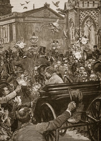 Pace con onore", ricevimento di Lord Beaconsfield e Lord Salisbury a Charing Cross, illustrazione da "Cassell