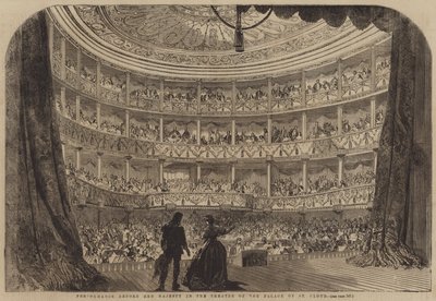 Spettacolo davanti a Sua Maestà nel Teatro del Palazzo di St Cloud (incisione) da English School
