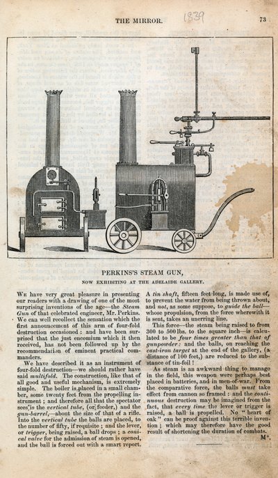 Il cannone a vapore di Perkins, ora in mostra alla Adelaide Gallery da English School