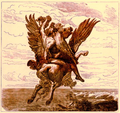 Perseo sul cavallo alato Pegaso, con la testa di Medusa, illustrazione da La Storia Illustrata del Mondo, pubblicata c.1880 da English School