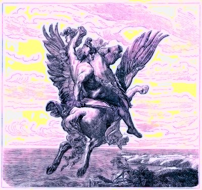 Perseo sul cavallo alato Pegaso, con la testa di Medusa, illustrazione da La Storia Illustrata del Mondo, pubblicata c.1880 da English School
