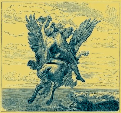 Perseo sul cavallo alato Pegaso, con la testa di Medusa, illustrazione da 