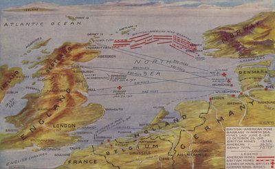 Mappa prospettica che mostra la posizione della barriera di mine del Mare del Nord, la scena delle principali azioni navali e le basi navali tedesche (litografia a colori) da English School