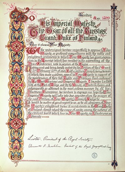 Petizione allo Zar Nicola II di Russia contro la russificazione della Finlandia, 1899 da English School