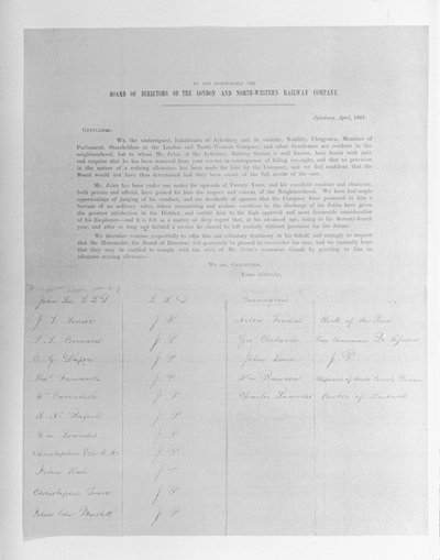 Petizione ai Direttori della London and North-Western Railway Company a favore di un dipendente licenziato a causa di problemi di vista, 1861 da English School