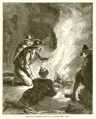 Padri Pellegrini attorno a un fuoco di guardia, 1620 da English School