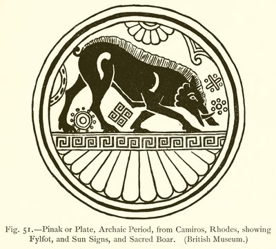 Pinak o piatto, periodo arcaico, da Camiros, Rodi, con fylfot, segni del sole e cinghiale sacro da English School