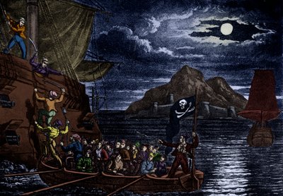 Pirati che abbordano una nave spagnola, Indie Occidentali, illustrazione da 