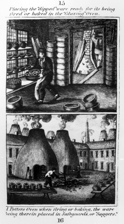 Posizionamento della ceramica immersa nel forno per la smaltatura, 1827 da English School