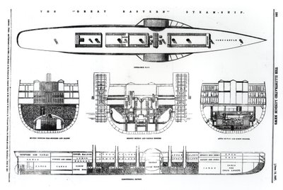 Piano e sezioni trasversali del piroscafo Great Eastern, 1857 da English School