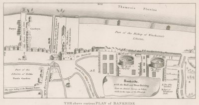 Piano di Bankside sul fiume Tamigi basato su un antico rilievo fatto durante il regno della regina Elisabetta, che mostra il Bull e Bear Baiting da English School