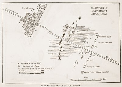 Piano della Battaglia di Futtehpore, 12 luglio 1857, da Cassells Illustrated History of England da English School