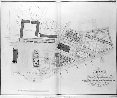 Piano delle proposte di miglioramento a Charing Cross, St. Martins Lane e ingresso allo Strand, inciso da James Basire, 1826 da English School