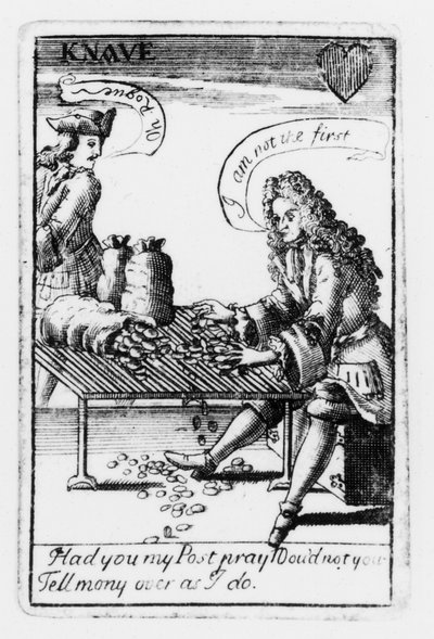 Carte da gioco commemorative della Guerra di Successione Spagnola, seme di cuori, c.1707 (incisione) (foto in b/n) (dettaglio) da English School
