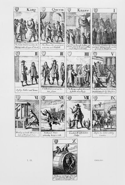 Carte da gioco con scene del Parlamento del Rump da English School