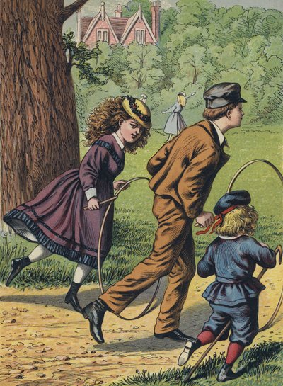 Giocare con i cerchi nel parco (litografia a colori) da English School