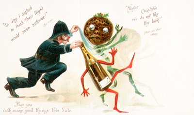 Poliziotto che insegue un budino di Natale e una bottiglia di vino, cartolina di Natale da English School