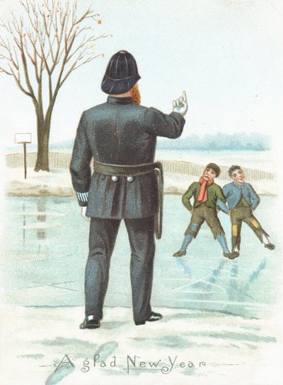 Poliziotto che rimprovera ragazzi, cartolina di Capodanno da English School