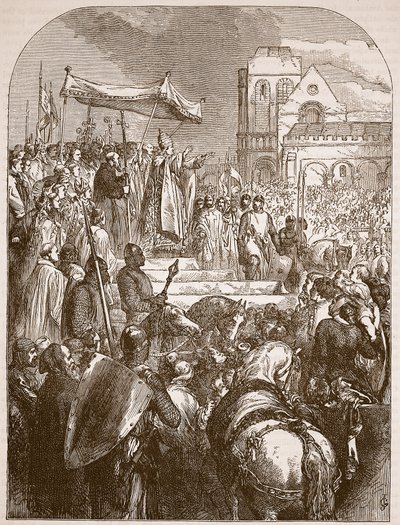 Papa Urbano II che predica la Prima Crociata nel mercato di Clermont, 1096, illustrazione da Cassells Illustrated History of England da English School