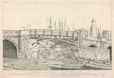 Parte del vecchio London Bridge, disegnata nel 1826 durante i lavori di costruzione da English School