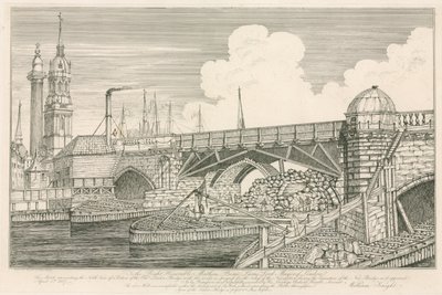 Parte del vecchio London Bridge, disegnata nel 1827 durante i lavori di costruzione da English School