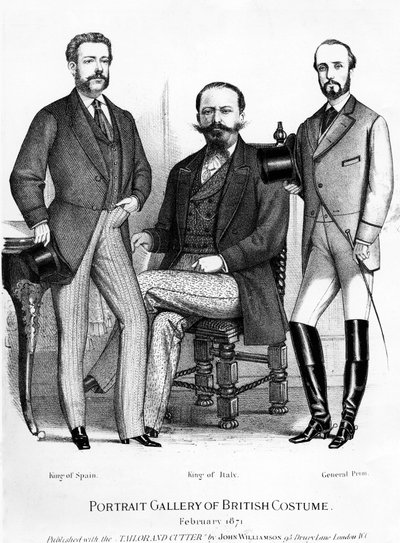 Galleria di ritratti di costumi britannici, presentando i re di Spagna e Italia e il generale Prim, pubblicata con il Tailor and Cutter, 1871 da English School