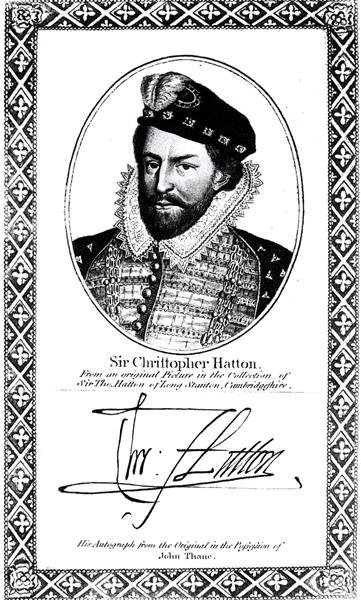 Ritratto e firma di Sir Christopher Hatton (1540-91) da English School