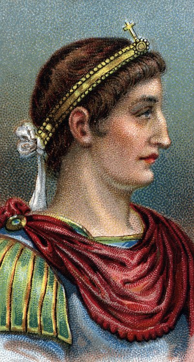 Ritratto di Costantino il Grande (Costantino I il Grande, 270-337) - Dalla serie Leaders of Men - Cromolitografia - Scuola Inglese, XX secolo da English School