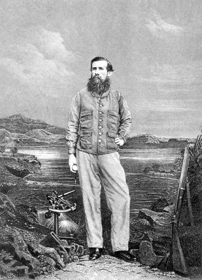 Ritratto di John Speke (1827-64) davanti al Lago Vittoria, frontespizio del Diario della scoperta della fonte del Nilo pubblicato nel 1863 da English School