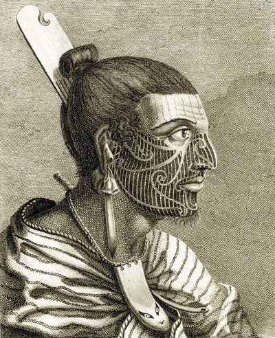 Ritratto di Uomo Maori con Tatuaggi Ta Moko da English School