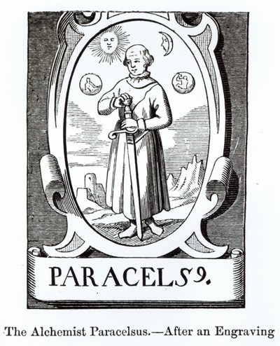 Ritratto di Paracelso (Philippus Aureolus Theophrastus) (1493-1541), illustrazione da Scienza e Letteratura nel Medioevo e nel Rinascimento, scritto e inciso da Paul Lacroix, 1878 da English School