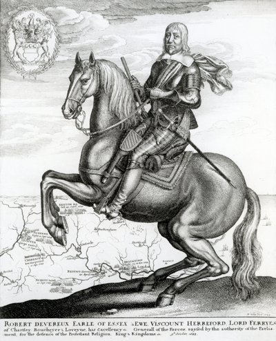 Ritratto di Robert Devereux a cavallo da English School