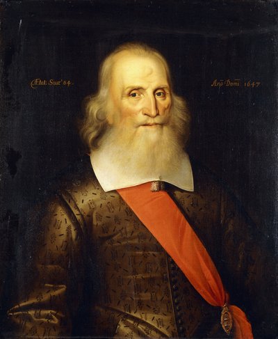 Ritratto di Sir Oliver Cromwell, 84 anni, mezzo busto, in un doppietto ricamato con un colletto bianco e fascia rossa, 1647 da English School