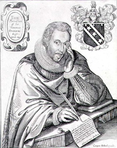 Ritratto di Sir Thomas Overbury che scrive il suo epitaffio, inciso da Renold Elstrack 1613 da English School