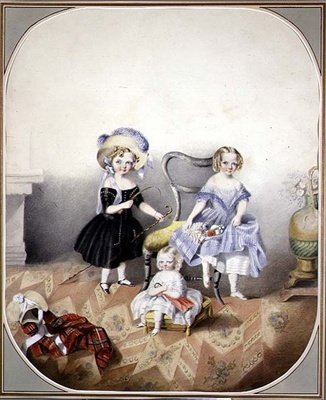Ritratto di tre ragazze dagli occhi azzurri in abiti eleganti, c.1840 da English School