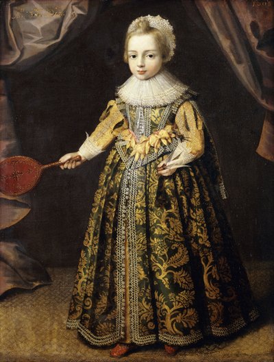 Ritratto di un ragazzo di 3 anni, in piedi a figura intera in un vestito verde ricamato in oro, con un berretto di pizzo e un colletto, che tiene una racchetta e un volano, 1605 da English School