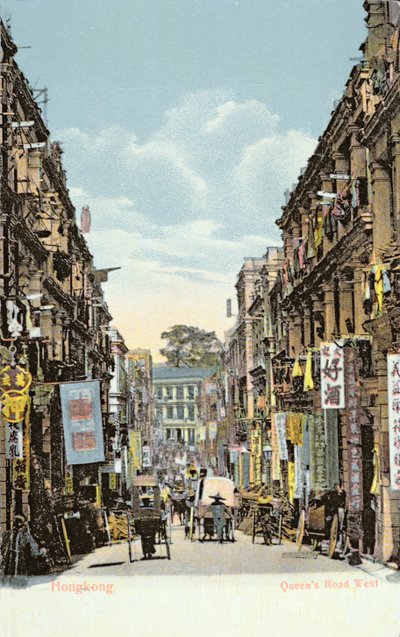 Cartolina raffigurante Queens Road West, Hong Kong, c.1900 da English School