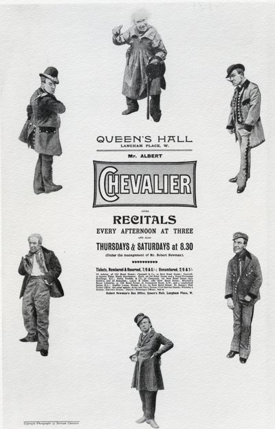 Poster pubblicitario del recital di Albert Chevalier alla Queen
