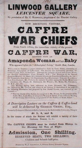 Poster che pubblicizza una conferenza sui capi di guerra Caffre alla Linwood Gallery da English School